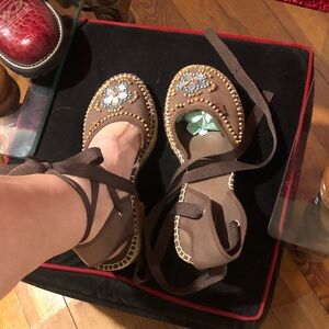 Roxy Brown Espadrilles with Blue Embellishments
